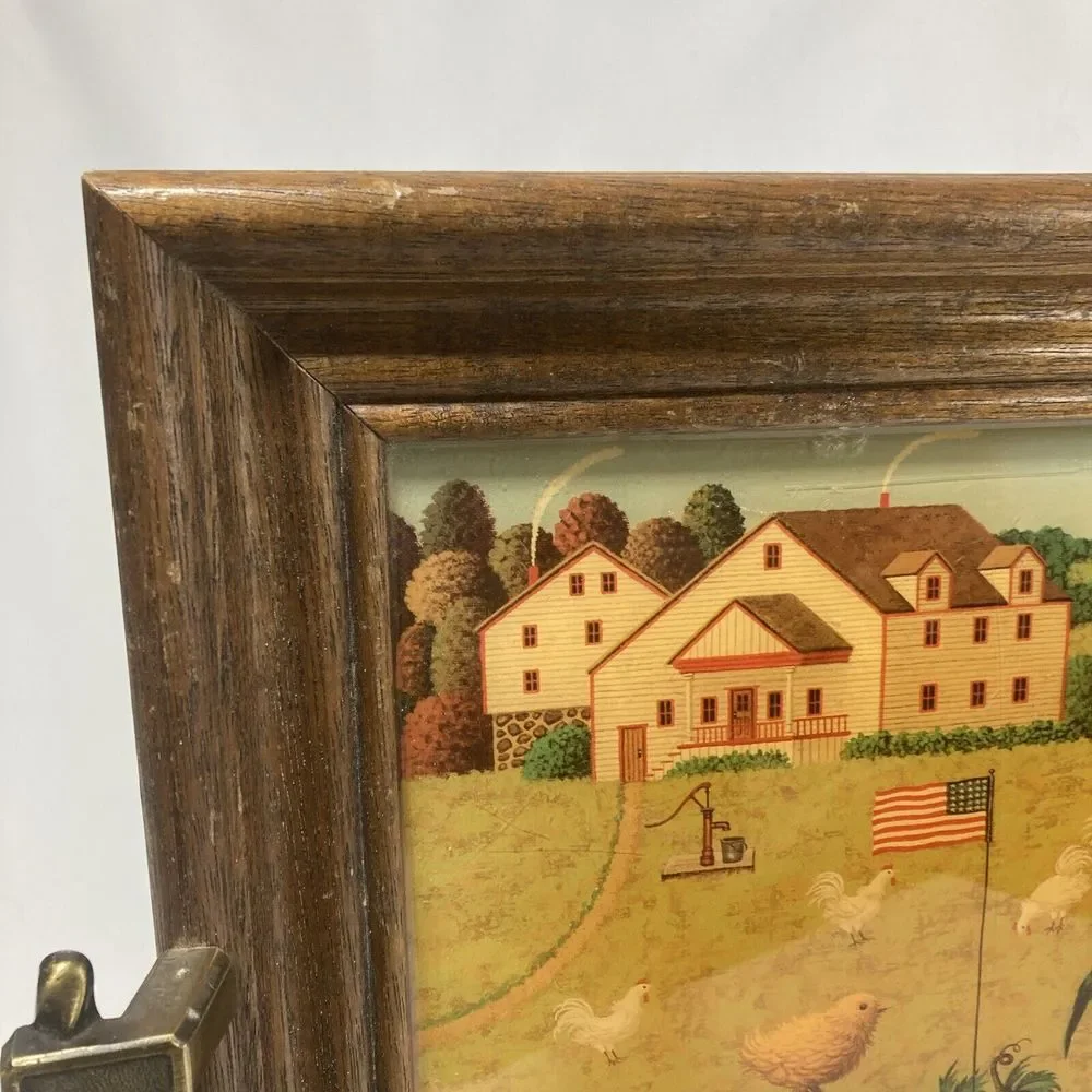 VTG Charles Wysocki Rooster Express Wood Lacquered Service Tray Wall Art Cottage